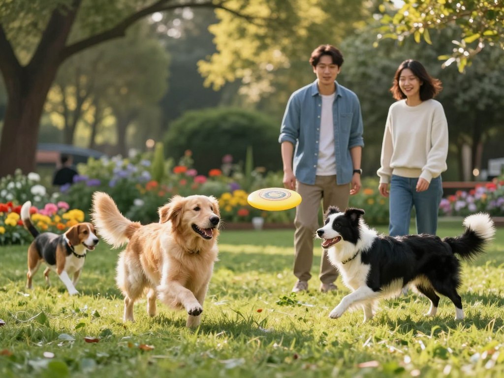 A serene park setting showcasing a diverse group of dogs engaging in interactive play to promote mental health. In the foreground, a golden retriever and a border collie joyfully chase a frisbee, their expressions full of excitement. The middle ground features a couple of people—one wearing a casual blue shirt and the other in a light sweater—gently encouraging a shy beagle to join the fun, highlighting socialization. In the background, lush greenery and colorful flowers contribute to a vibrant atmosphere, with dappled sunlight filtering through the trees, creating a warm and inviting mood. The angle captures the action from a low perspective, emphasizing the energetic movement of the dogs while ensuring a sense of harmony and mental enrichment among the animals.