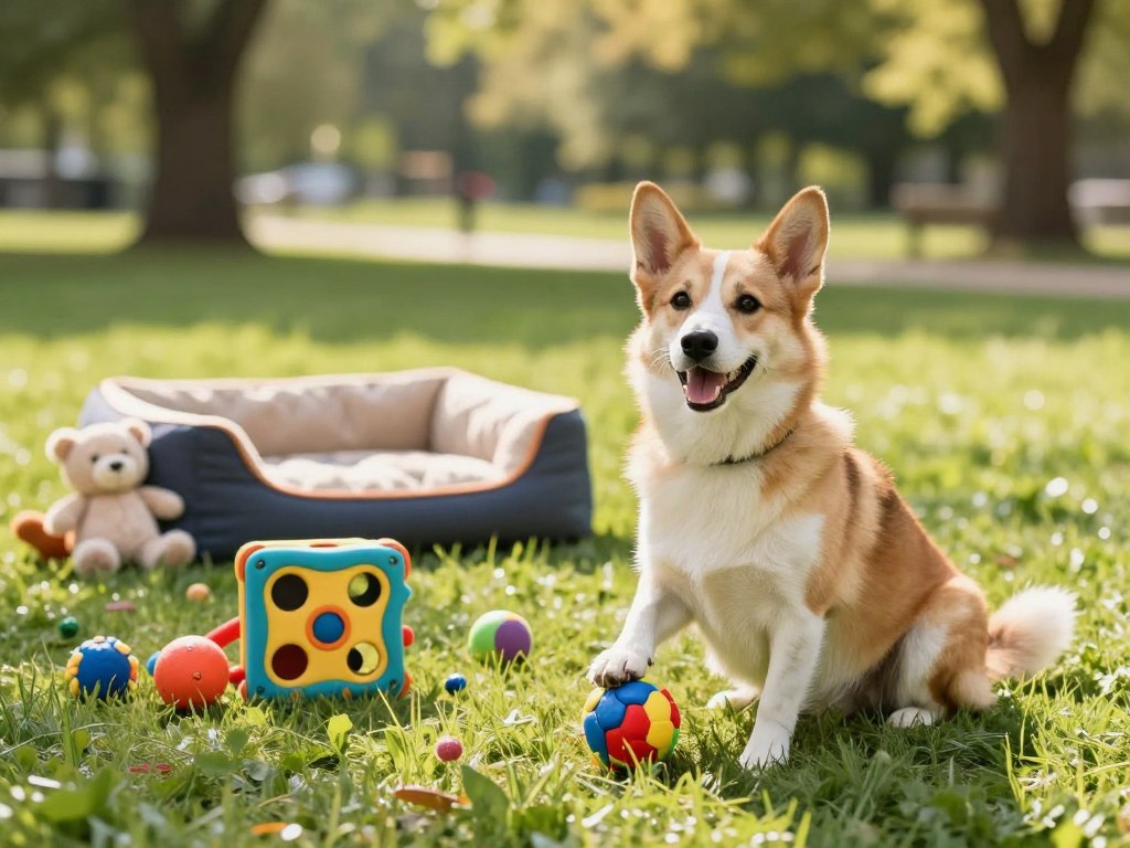 A serene scene depicting a happy dog sitting on a grassy field, surrounded by colorful toys and enrichment activities like interactive puzzles and treat-dispensing balls. In the foreground, the dog is playfully engaging with a puzzle, its ears perked up in curiosity, symbolizing active mental engagement. The middle ground features a cozy, inviting space with a soft dog bed and a few cheerful plush toys. The background consists of a tranquil park setting with gentle sunlight filtering through the trees, casting dappled shadows on the grass. The overall atmosphere is bright and uplifting, evoking a sense of joy and contentment, ideal for illustrating the concept of dog mental wellness and the importance of monitoring their progress in activities.