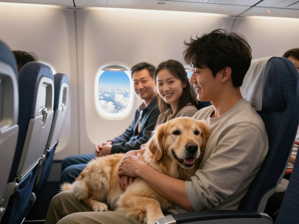 A serene scene depicting a joyful pet owner flying with their well-behaved dog inside an airplane cabin. In the foreground, the pet owner, dressed in modest casual clothing, is sitting comfortably in an airplane seat, gently holding their dog in their lap, creating a warm bond. The dog, a golden retriever, looks content with its head resting against the owner's chest. In the middle ground, other passengers observe the charming scene, some smiling, showcasing a friendly atmosphere. The background shows airplane windows framing an expansive view of fluffy clouds and a bright blue sky, casting soft, natural light into the cabin. The mood is peaceful and uplifting, capturing the essence of safe and joyful pet travel.