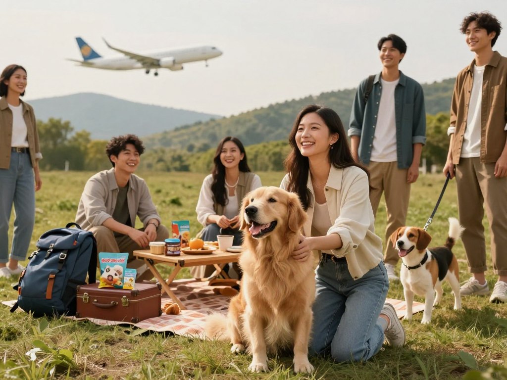 A serene travel scene featuring a diverse group of people with their dogs, showcasing the joy of traveling with pets. In the foreground, a woman in smart casual attire kneels next to a friendly Golden Retriever, both looking excited. Beside her, a man wearing a light jacket smiles as he holds the leash of a playful Beagle. The middle ground shows a cozy picnic setup with backpacks and pet-friendly snacks, while a couple of small suitcases hint at a planned trip. In the background, an airplane is visible in the sky alongside a picturesque landscape of rolling hills and trees, suggesting adventure. Soft, warm lighting creates a welcoming atmosphere, evoking feelings of companionship and wanderlust. The angle captures the camaraderie among travelers and their dogs, ideal for illustrating safe and enjoyable travel experiences.