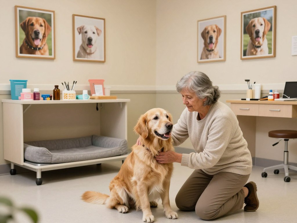 A serene vet clinic interior dedicated to senior dog care, featuring a soft, warm light illuminating the space. In the foreground, a gentle older lady in a cozy, modest outfit kneels beside a golden retriever with graying fur, providing affectionate care. The middle ground showcases a well-organized care station with various senior dog essentials like orthopedic beds, vitamins, and grooming tools, emphasizing a nurturing environment. In the background, framed pictures of healthy senior dogs adorn the walls, exuding a sense of community and love. The atmosphere is calm and caring, with soft textures and warm color tones enhancing the feelings of safety and warmth in this specialized caring space. A serene vet clinic interior dedicated to senior dog care, featuring a soft, warm light illuminating the space. In the foreground, a gentle older lady in a cozy, modest outfit kneels beside a golden retriever with graying fur, providing affectionate care. The middle ground showcases a well-organized care station with various senior dog essentials like orthopedic beds, vitamins, and grooming tools, emphasizing a nurturing environment. In the background, framed pictures of healthy senior dogs adorn the walls, exuding a sense of community and love. The atmosphere is calm and caring, with soft textures and warm color tones enhancing the feelings of safety and warmth in this specialized caring space.