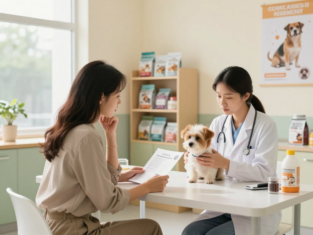 A serene veterinary clinic interior, focusing on a pet owner interacting with a veterinarian about managing dietary sensitivities and allergies in pets. In the foreground, depict a concerned dog owner, dressed in smart casual clothing, holding a brochure and discussing with a professional veterinarian in a white coat, examining a small dog on the table. In the middle layer, show various labeled pet food options on a shelf, highlighting hypoallergenic and specialized diets. The background features soothing pastel colors, with natural light streaming in through large windows, creating a calm and informative atmosphere. Capture a sense of reassurance and professionalism, with a blurred view of pet care posters emphasizing nutrition. The lens should be slightly wide-angle, focusing on the interaction while keeping the setting contextually rich.