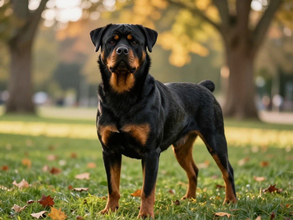 A striking Rottweiler stands proudly in the foreground, showcasing its muscular build and distinctive black and tan coat. Its intelligent eyes convey loyalty and strength as it gazes confidently into the distance. The middle ground features a serene park setting with lush green grass and scattered autumn leaves, enhancing the atmosphere of tranquility. In the background, soft-focus trees provide a sense of natural beauty, while warm sunlight filters through the branches, creating a golden hue that bathes the scene in warmth. The camera angle is low, emphasizing the Rottweiler’s impressive stature against the backdrop, evoking feelings of protection and loyalty. The overall mood is harmonious and uplifting, celebrating the bond between the Rottweiler and its environment.