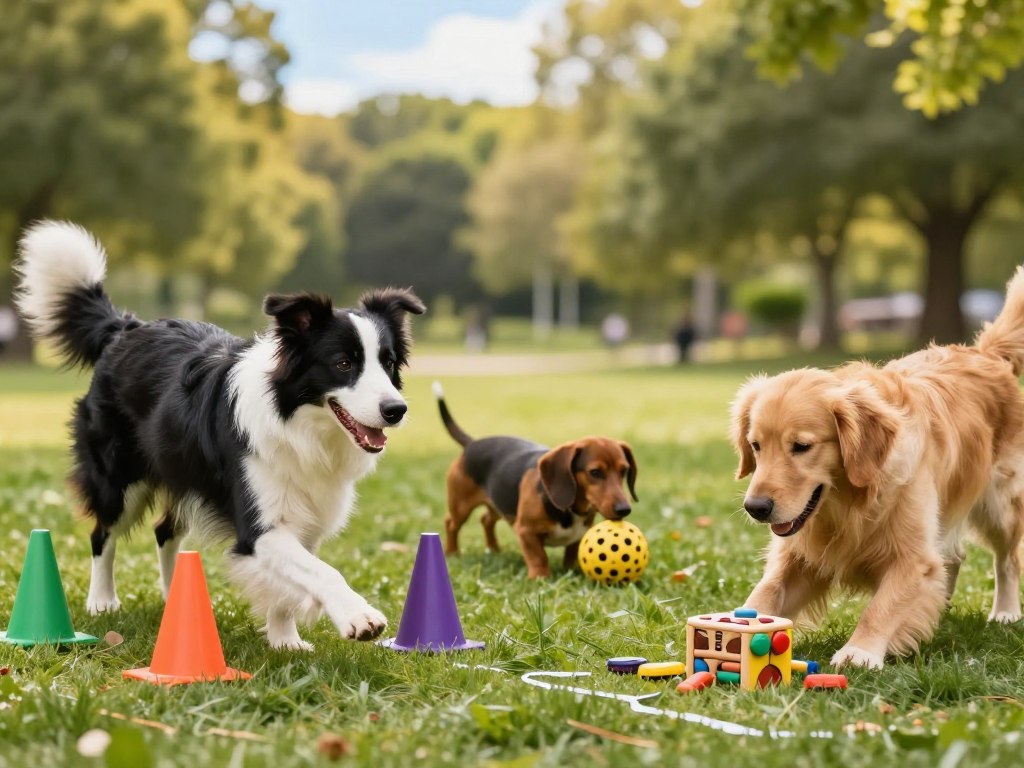 A vibrant and engaging scene depicting various dog breeds engaged in mental stimulation activities. In the foreground, a Border Collie expertly maneuvers around colorful cones, showcasing its agility and intelligence. Nearby, a Golden Retriever uses its paws to solve a puzzle toy, with pieces scattered around. In the middle ground, a small Dachshund interacts with a treat-dispensing ball, while a playful Beagle sniffs around a scent trail laid out on the grass. The background features a bright, sunny park setting with lush trees and a blue sky, hinting at an inviting, cheerful atmosphere. The overall mood is lively and energetic, capturing the joy of learning and play for dogs of all breeds and ages. Soft, natural lighting accentuates the playful interactions among the dogs, giving the image a warm, friendly feel.