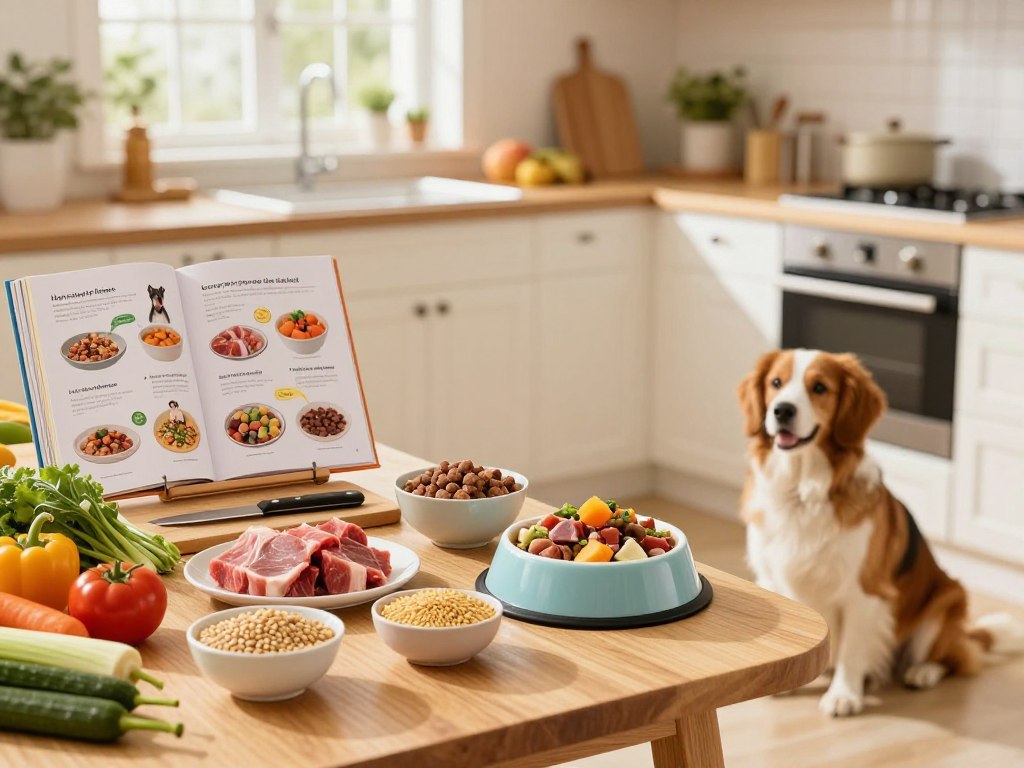 A vibrant kitchen scene showcasing a variety of homemade dog food recipes. In the foreground, a wooden table is filled with colorful ingredients such as fresh vegetables, meats, and grains arranged artistically in bowls. A large, open cookbook with visible illustrations of dog food recipes sits next to a chopping board with a knife, hinting at preparation. In the middle background, a warm, inviting kitchen with soft, natural light filtering through a window creates a cozy atmosphere. A dog bowl filled with a tasty-looking meal sits prominently on the floor. The overall mood is cheerful and homely, emphasizing an accessible approach to dog nutrition, capturing the essence of love and care for pets.
