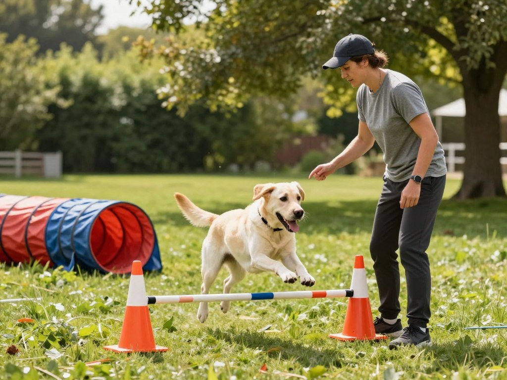 A vibrant outdoor scene depicting a professional dog trainer engaged in various exercises with an energetic dog. In the foreground, the trainer, dressed in casual athletic wear, demonstrates a command for the dog to perform a jump over a low hurdle. The dog, a enthusiastic Labrador, is mid-air, showcasing its agility and training. The middle ground features additional training props like cones and tunnels, hinting at an active training session. In the background, lush green grass and trees create a serene environment, with soft sunlight filtering through the leaves, casting gentle shadows. The mood is lively and focused, embodying the idea of effective training as a workout for both the trainer and the dog. The image is well-lit, captured with a slightly elevated angle.