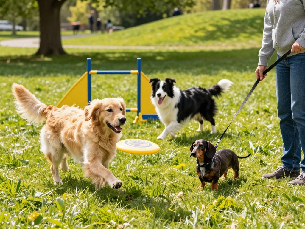 A vibrant park scene showcasing various dogs engaged in different physical activities that reflect their unique needs and limitations. In the foreground, a playful Golden Retriever is joyfully chasing a frisbee, its fur glistening in the sunlight. Next to it, a senior Dachshund leisurely walks on a leash held by a considerate owner, exuding a calm demeanor. In the middle ground, an energetic Border Collie is eagerly participating in an agility course, demonstrating agility and strength. The background features a lush green landscape with gentle hills and trees casting dappled sunlight, enhancing the lively spring atmosphere. The image is bright and inviting, captured from a slightly elevated angle to encompass the cheerful interactions and diverse canine activities, creating a sense of vitality and joy in pet exercise.