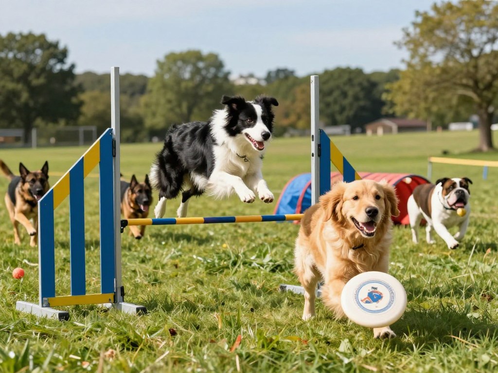 A vibrant scene of high-energy sports for dogs, featuring a playful border collie leaping over a colorful agility hurdle in a sunny outdoor park. In the foreground, a golden retriever joyfully retrieves a frisbee from the grass, its fur gleaming in the sunlight. The middle ground showcases various dog breeds, such as a German shepherd and a bulldog, engaged in activities like chasing a ball and running through a tunnel. The background reveals a lush green landscape and a clear blue sky, providing an uplifting atmosphere. The lighting is bright and natural, suggesting a warm, cheerful day. The perspective is slightly low, giving an engaging view of the dogs in action, emphasizing their athleticism and joy.