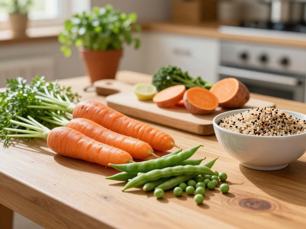 A vibrant wooden table is filled with a colorful assortment of healthy vegetables and grains for dogs. In the foreground, neatly arranged are fresh carrots, green beans, sweet potatoes, and peas, showcasing their bright colors and textures. Next to them lies a bowl of varied grains like brown rice and quinoa, adding a wholesome touch. The middle section features a rustic cutting board with a few sliced vegetables, glistening with freshness. The background is softly blurred, hinting at a sunlit kitchen with potted herbs, creating a warm and inviting atmosphere. Natural light filters in, casting gentle shadows, and enhancing the fresh, healthy mood of the scene. The composition is intimate and homely, perfect for illustrating nourishing homemade meals for pets.