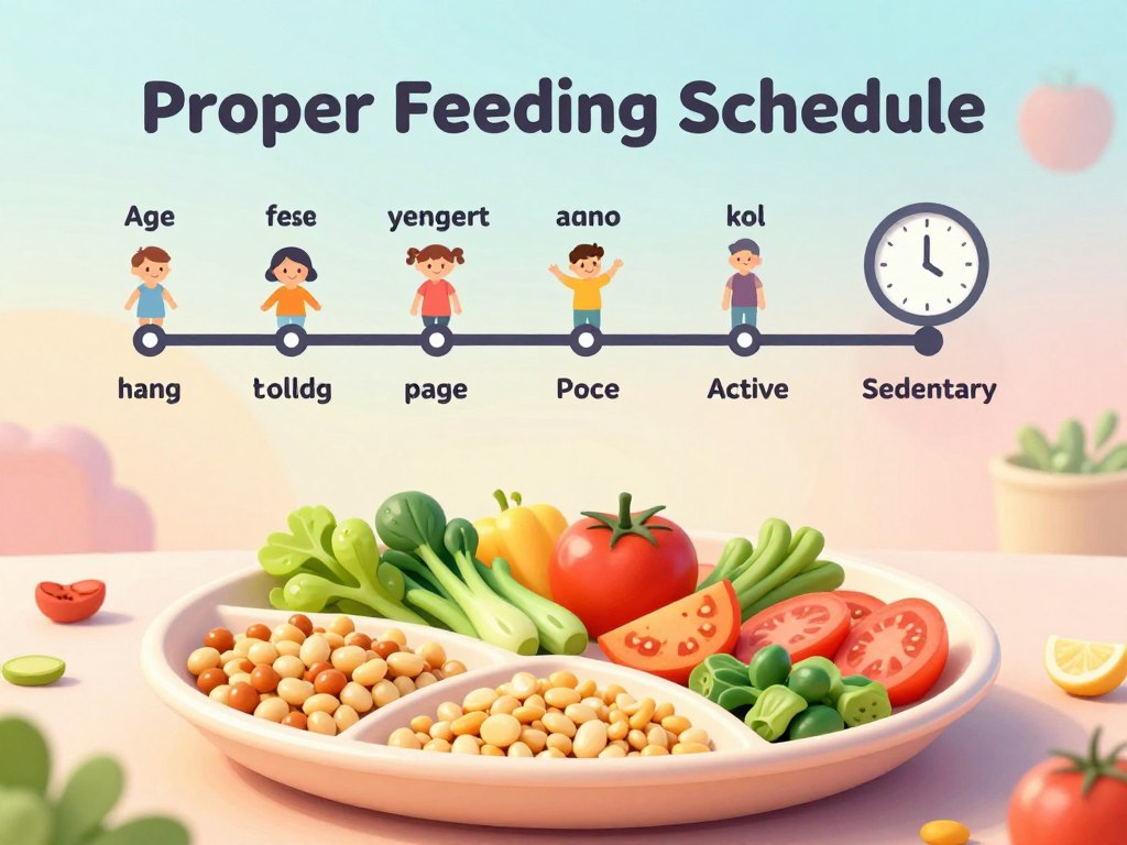A visually appealing infographic-style illustration of a "Proper Feeding Schedule". In the foreground, a divided plate displaying colorful food items representing different food groups such as grains, fruits, vegetables, and proteins. In the middle ground, a neatly organized timeline indicating meal frequency for various age groups and activity levels, with icons symbolizing different ages (infant, toddler, teenager, adult) and activity levels (sedentary, active). The background features a soft, pastel gradient that conveys calmness, perhaps with subtle illustrations of wholesome foods and a clock symbolizing meal timing. The lighting is bright and inviting, highlighting the plate and timeline, with a slight focus depth effect to enhance the main elements. The overall mood is educational and supportive, encouraging a healthy approach to feeding schedules.