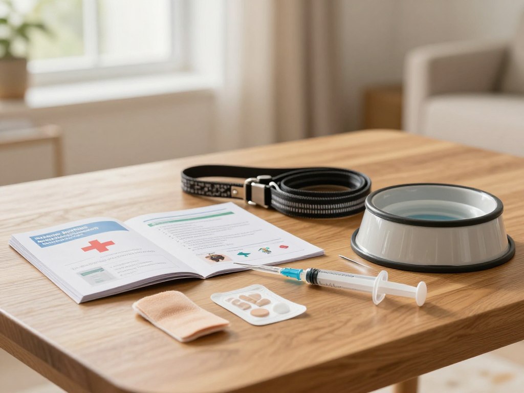 A visually organized dog first aid kit displayed on a clean, wooden table. In the foreground, show key essentials like antiseptic wipes, allergy medications, a pair of tweezers, small bandages, and a plastic syringe for administering liquid medication. In the middle, include an instruction booklet on managing allergic reactions and insect stings, alongside a soft dog leash and collapsible water bowl. The background should feature a soft-focus image of a serene indoor setting, illuminated with warm, natural light coming through a window, creating a calm atmosphere. A shallow depth of field subtly emphasizes the kit's essentials, conveying a sense of readiness and care for beloved pets.