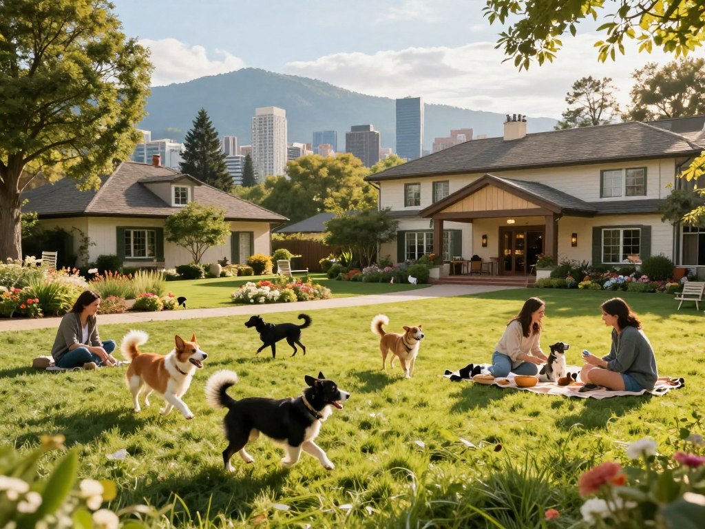 A vivid scene showcasing top dog-friendly travel destinations, featuring a scenic, pet-friendly park in the foreground, with happy dogs playing and owners enjoying a picnic. The middle ground includes a charming pet-friendly hotel with a welcoming entrance, surrounded by lush greenery and flower beds. In the background, a sunlit city skyline or mountainous landscape provides a stunning backdrop. The atmosphere is cheerful and relaxed, with warm, natural lighting illuminating the entire scene, casting soft shadows. A wide-angle perspective captures the vibrant atmosphere while emphasizing the bond between pets and their owners. Dogs of various breeds play together, showcasing the joy of traveling with pets.