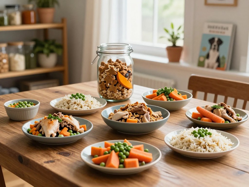 A warm and inviting kitchen scene showcasing an assortment of colorful homemade dog meals on a rustic wooden table. In the foreground, a variety of dishes filled with fresh ingredients like cooked chicken, carrots, peas, and rice, all artfully arranged to highlight their nutritional appeal. The middle ground features a large glass jar filled with dog treats made from oats and pumpkin. Soft, natural light filters in through a nearby window, creating a cozy atmosphere. In the background, shelves stocked with organic ingredients and a few pet-friendly cookbooks add depth to the scene. Capture this moment from a slightly elevated angle to provide a comprehensive view, conveying a sense of budget-friendly home cooking that pet owners can easily embrace.