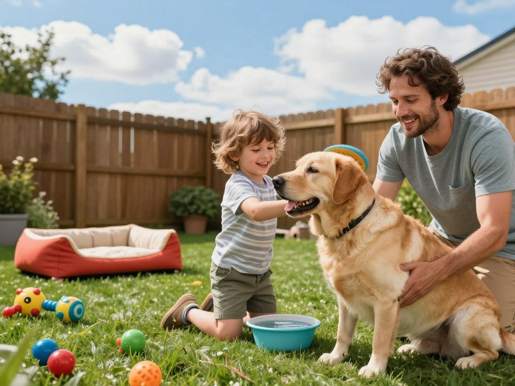 A warm and inviting scene showcasing a loving family caring for their Labrador Retriever in a cozy backyard setting. In the foreground, a cheerful child is gently brushing the dog's shiny golden fur, while a parent supervises nearby, kneeling down with a bowl of fresh water. In the middle, a well-maintained green lawn creates a comfortable play area, adorned with colorful toys and a vibrant dog bed. In the background, a bright blue sky is dotted with fluffy white clouds, and a wooden fence provides a safe enclosure. The atmosphere is lively and heartwarming, evoking a sense of companionship and joy. Soft sunlight bathes the scene, enhancing the affectionate bond between the family and their pet. A warm and inviting scene showcasing a loving family caring for their Labrador Retriever in a cozy backyard setting. In the foreground, a cheerful child is gently brushing the dog's shiny golden fur, while a parent supervises nearby, kneeling down with a bowl of fresh water. In the middle, a well-maintained green lawn creates a comfortable play area, adorned with colorful toys and a vibrant dog bed. In the background, a bright blue sky is dotted with fluffy white clouds, and a wooden fence provides a safe enclosure. The atmosphere is lively and heartwarming, evoking a sense of companionship and joy. Soft sunlight bathes the scene, enhancing the affectionate bond between the family and their pet.