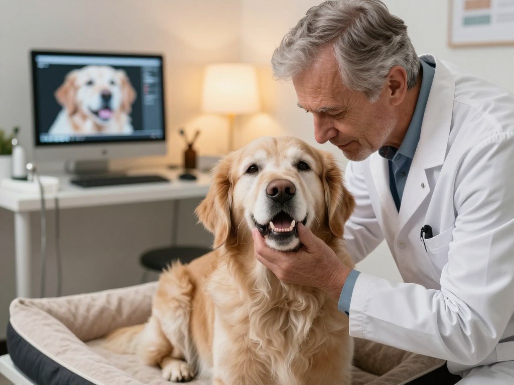A warm and inviting scene showcasing an elderly dog receiving dental care. In the foreground, a gentle veterinarian in a white coat leans close to the dog's mouth, examining its teeth with a soft, reassuring expression. The elderly dog, a golden retriever with graying fur, sits comfortably on a plush dog bed, looking calm and at ease. In the middle ground, a well-organized veterinary office is visible with dental tools and a monitor displaying a healthy dog jaw. In the background, soft lighting creates a cozy atmosphere, with warm hues from illuminated lamps. The overall mood is nurturing and caring, emphasizing the importance of dental health for senior dogs. The image is taken from a slightly elevated angle to capture the interaction between the veterinarian and the dog. A warm and inviting scene showcasing an elderly dog receiving dental care. In the foreground, a gentle veterinarian in a white coat leans close to the dog's mouth, examining its teeth with a soft, reassuring expression. The elderly dog, a golden retriever with graying fur, sits comfortably on a plush dog bed, looking calm and at ease. In the middle ground, a well-organized veterinary office is visible with dental tools and a monitor displaying a healthy dog jaw. In the background, soft lighting creates a cozy atmosphere, with warm hues from illuminated lamps. The overall mood is nurturing and caring, emphasizing the importance of dental health for senior dogs. The image is taken from a slightly elevated angle to capture the interaction between the veterinarian and the dog.