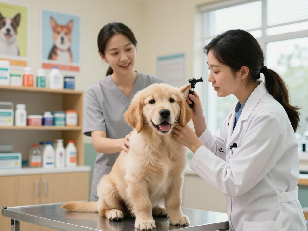 A warm and inviting veterinary clinic setting featuring a veterinarian, a friendly Golden Retriever puppy, and an attentive pet owner. In the foreground, the veterinarian, a woman in a white coat, kneels beside the puppy on an examination table, gently checking its ears with a light otoscope. The puppy, with bright eyes and a wagging tail, exudes curiosity and trust. The middle ground showcases shelves lined with pet care supplies and colorful posters about pet health on the walls, enhancing the educational atmosphere. The background is softly lit, with natural light filtering through windows, creating a soothing environment. The mood is reassuring and professional, highlighting the bond between pets and their caregivers during a health checkup.