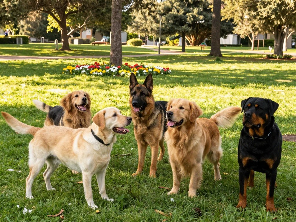 A warm, sunny park scene showcasing a large dog breed group, including a Labrador, German Shepherd, Golden Retriever, and Rottweiler. In the foreground, capture the dogs interacting playfully, each exhibiting distinct personalities: the Labrador with a friendly wagging tail, the German Shepherd standing alert, the Golden Retriever with a gentle expression, and the Rottweiler displaying confidence. The middle ground features lush green grass and scattered colorful flowers, creating a vibrant atmosphere. The background showcases tall trees bathed in soft sunlight, enhancing a serene mood. Use natural lighting to cast gentle shadows, and a wide-angle lens for depth, emphasizing the dogs’ unique temperaments against a peaceful outdoor setting.