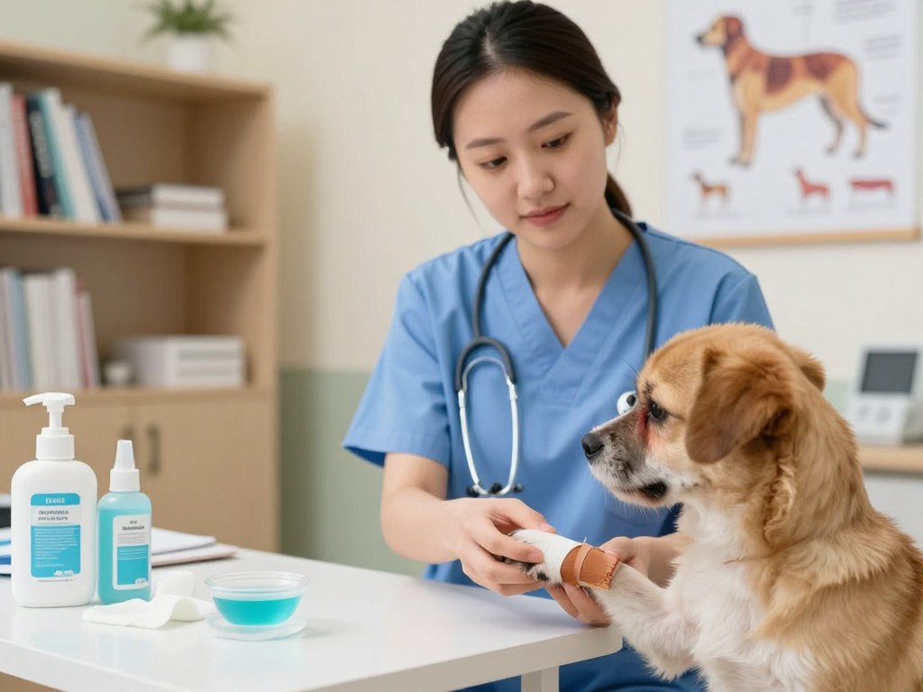 A well-lit veterinary office scene focusing on a nurse in professional scrubs, calmly demonstrating first aid techniques for a small dog experiencing a mild burn. In the foreground, a close-up of the dog's paw with a protective bandage, showing the nurse gently examining it. The middle ground features a table with various first aid supplies, like antiseptic wipes, gauze, and a cooling gel. In the background, shelves are lined with pet medical books and posters illustrating canine anatomy. Soft, natural lighting creates a warm atmosphere, evoking a sense of safety and care, as the nurse looks attentively at the dog, showcasing a nurturing environment for pet owners dealing with emergencies.