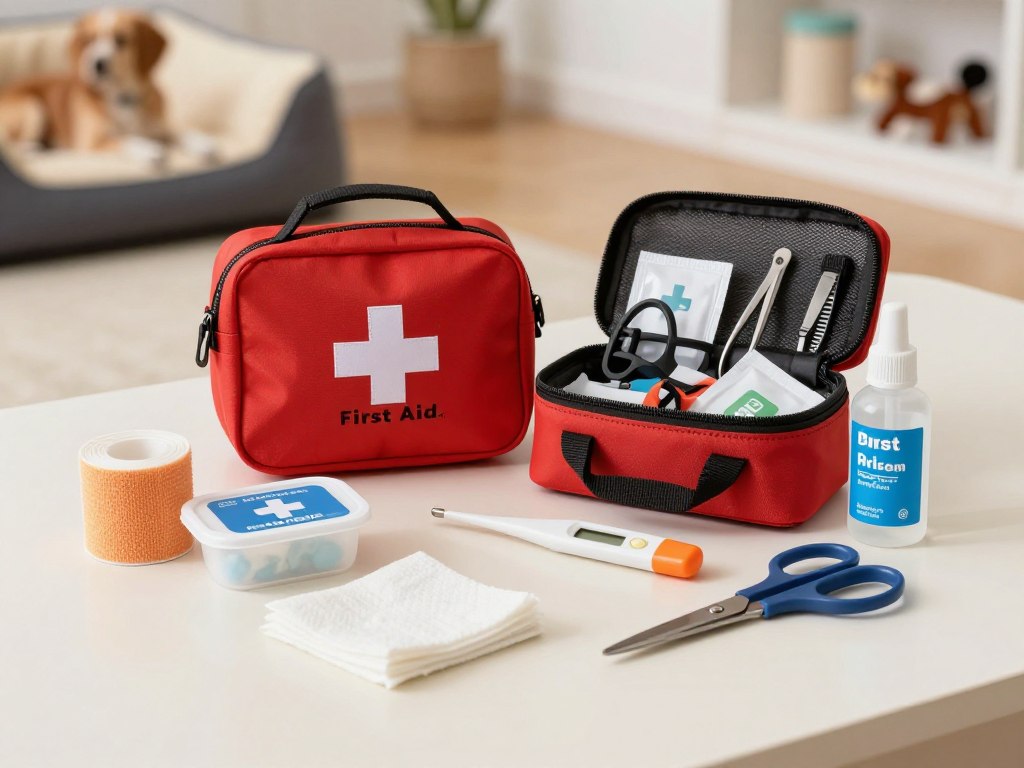 A well-organized dog first aid kit laid out on a clean, light-colored surface, showcasing essential items for canine care. In the foreground, display a vibrant pet-friendly bandage roll, antiseptic wipes in a small container, gauze pads, a digital thermometer for dogs, a pair of scissors, and a small bottle of hydrogen peroxide. The middle section features a compact first aid bag, slightly open to reveal additional supplies like tweezers and a muzzle. In the background, softly blurred, a cozy home environment with a dog bed and a few toys adds warmth and context. Bright natural lighting enhances the colors of the items, creating an inviting atmosphere that conveys safety and preparedness for dog owners.