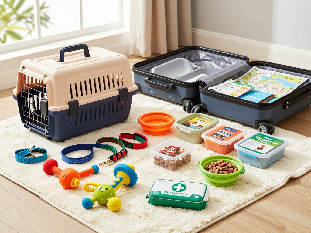 A well-organized dog travel kit laid out on a cozy travel blanket inside a bright and airy home setting. The kit includes a colorful dog carrier, a variety of leashes, collapsible water bowls, and an assortment of dog food and treats in labeled containers. In the foreground, toys and grooming supplies are neatly arranged, with a travel-sized pet first aid kit prominently featured. In the background, a suitcase is partially open, displaying travel essentials for a dog-friendly trip, such as a map and pet-friendly travel guides. Soft natural lighting streams through a nearby window, creating a warm and inviting atmosphere. The angle captures the entire scene with a focus on showcasing the details of the travel kit, evoking excitement for a pet adventure.
