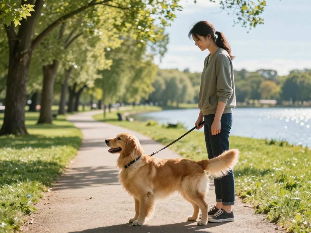 A well-trained dog executing the heel command alongside its handler in a serene outdoor park setting. In the foreground, a golden retriever stands attentively, closely aligned with a woman in smart casual attire, focused on her commands. In the middle ground, a gently winding path leads through lush green grass with some trees swaying lightly in the breeze. Soft, dappled sunlight filters through the leaves, creating a warm and inviting atmosphere. The background features a blurred view of more trees and a sparkling lake reflecting the clear blue sky. The scene captures the essence of obedience training, highlighting the bond between the dog and trainer, with a sense of calm focus and discipline. A well-trained dog executing the heel command alongside its handler in a serene outdoor park setting. In the foreground, a golden retriever stands attentively, closely aligned with a woman in smart casual attire, focused on her commands. In the middle ground, a gently winding path leads through lush green grass with some trees swaying lightly in the breeze. Soft, dappled sunlight filters through the leaves, creating a warm and inviting atmosphere. The background features a blurred view of more trees and a sparkling lake reflecting the clear blue sky. The scene captures the essence of obedience training, highlighting the bond between the dog and trainer, with a sense of calm focus and discipline.