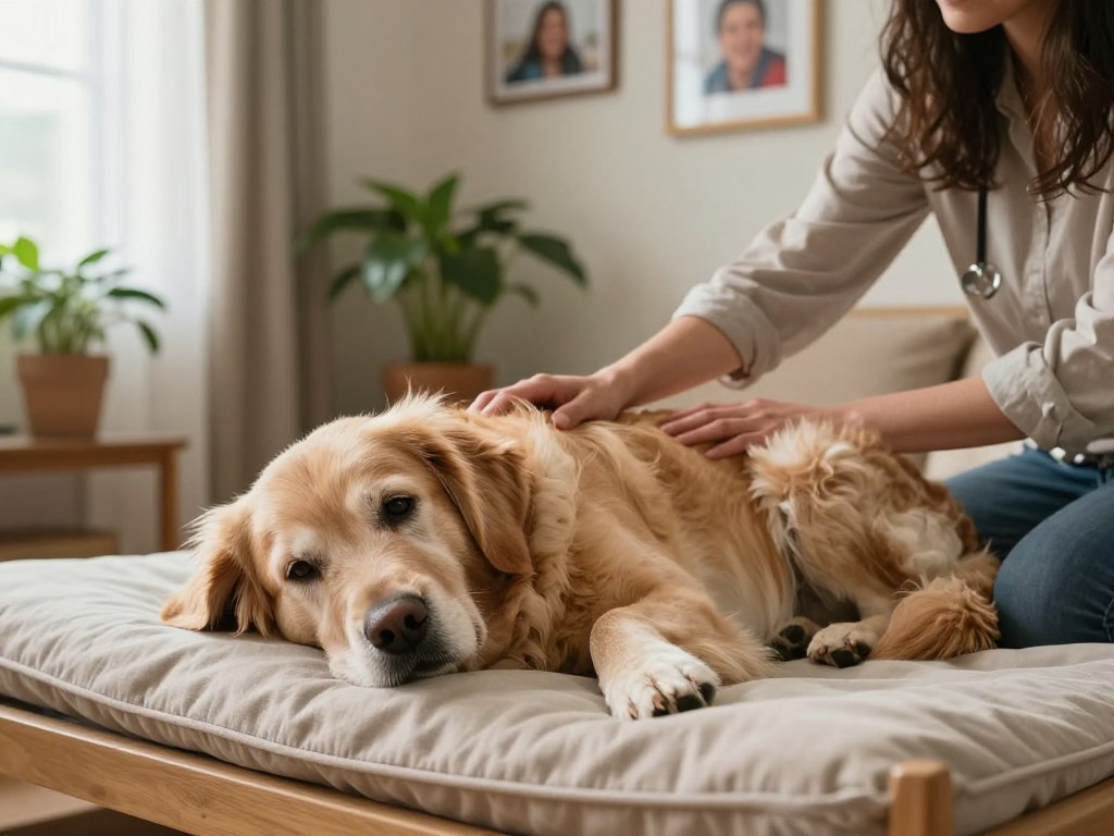 An elderly dog rests comfortably on a soft, cushioned bed in a warmly lit living room. The dog, a golden retriever with graying fur, has gentle eyes full of wisdom and love. Beside the dog, a kind-hearted caregiver, dressed in modest casual attire, gently strokes its back with a soothing touch, conveying warmth and compassion. In the background, a cozy home setting with soft, natural lighting filters through sheer curtains, creating a peaceful atmosphere. Lush potted plants add a touch of life, while framed pictures of happy memories adorn the walls. The scene radiates emotional well-being and emphasizes the special bond between aging pets and their caregivers, highlighting the importance of comfort and quality of life in senior dog care. An elderly dog rests comfortably on a soft, cushioned bed in a warmly lit living room. The dog, a golden retriever with graying fur, has gentle eyes full of wisdom and love. Beside the dog, a kind-hearted caregiver, dressed in modest casual attire, gently strokes its back with a soothing touch, conveying warmth and compassion. In the background, a cozy home setting with soft, natural lighting filters through sheer curtains, creating a peaceful atmosphere. Lush potted plants add a touch of life, while framed pictures of happy memories adorn the walls. The scene radiates emotional well-being and emphasizes the special bond between aging pets and their caregivers, highlighting the importance of comfort and quality of life in senior dog care.