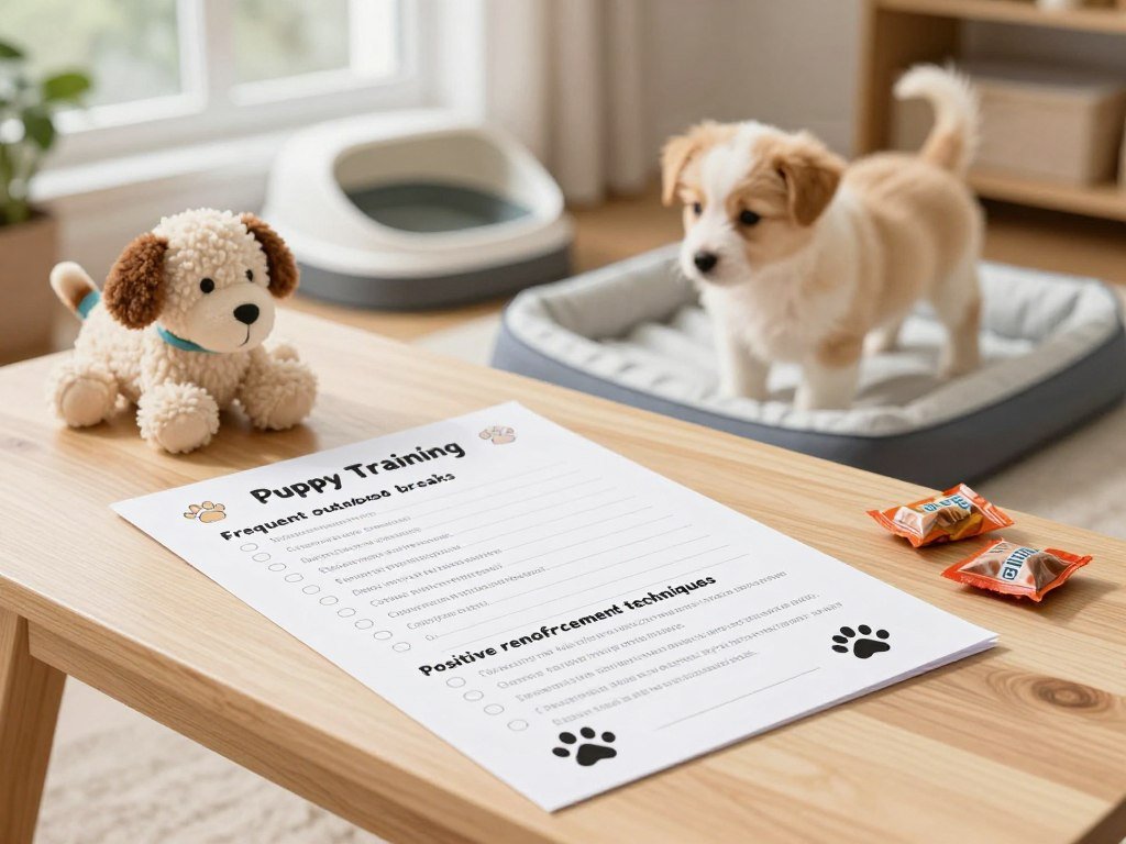 A beautifully organized puppy potty training checklist laid out on a light wooden table, surrounded by puppy care essentials like a plush toy, a puppy pad, and training treats. In the foreground, the checklist features items like "Frequent outdoor breaks," "Consistent feeding schedule," and "Positive reinforcement techniques," all clearly illustrated with cute puppy paw prints. The middle section includes a soft-focus image of a fluffy puppy looking curiously at a potty pad, with its tail wagging, conveying a playful and hopeful atmosphere. In the background, soft natural light streams in through a window, highlighting a cozy, welcoming home environment. The scene captures a sense of readiness and excitement for new puppy owners, with warm colors creating an inviting mood. A beautifully organized puppy potty training checklist laid out on a light wooden table, surrounded by puppy care essentials like a plush toy, a puppy pad, and training treats. In the foreground, the checklist features items like "Frequent outdoor breaks," "Consistent feeding schedule," and "Positive reinforcement techniques," all clearly illustrated with cute puppy paw prints. The middle section includes a soft-focus image of a fluffy puppy looking curiously at a potty pad, with its tail wagging, conveying a playful and hopeful atmosphere. In the background, soft natural light streams in through a window, highlighting a cozy, welcoming home environment. The scene captures a sense of readiness and excitement for new puppy owners, with warm colors creating an inviting mood.