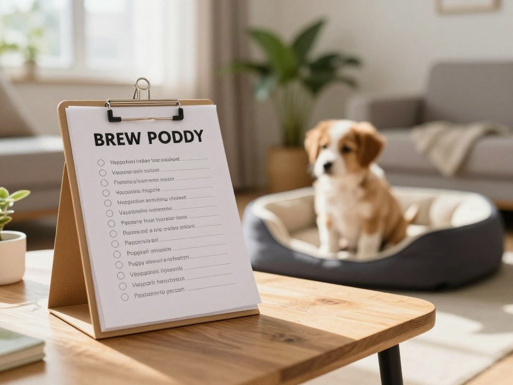 A bright and inviting home environment with a checklist for bringing home a new puppy prominently displayed on a wooden table in the foreground. The checklist features bullet points for essential items like veterinarian contacts, vaccination schedule, and puppy food details. In the middle ground, a playful puppy sits next to a dog bed, looking curiously at the checklist. Surrounding the scene, soft, natural light filters through a window, casting gentle shadows. In the background, a cozy living area can be seen, with plants and a pet-friendly atmosphere, creating a warm and welcoming mood. The lens captures a slight depth of field, emphasizing the checklist while keeping the background nicely blurred to draw focus. A bright and inviting home environment with a checklist for bringing home a new puppy prominently displayed on a wooden table in the foreground. The checklist features bullet points for essential items like veterinarian contacts, vaccination schedule, and puppy food details. In the middle ground, a playful puppy sits next to a dog bed, looking curiously at the checklist. Surrounding the scene, soft, natural light filters through a window, casting gentle shadows. In the background, a cozy living area can be seen, with plants and a pet-friendly atmosphere, creating a warm and welcoming mood. The lens captures a slight depth of field, emphasizing the checklist while keeping the background nicely blurred to draw focus.