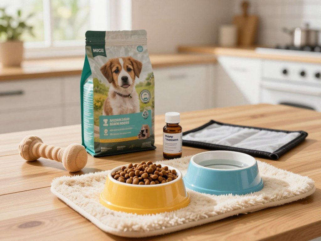 A cozy and inviting scene showcasing essential puppy feeding supplies laid out artfully on a warm wooden surface. In the foreground, a colorful bowls set for food and water, one filled with gourmet kibble and the other with fresh water, surrounded by a soft, plush puppy mat. In the middle ground, a neatly packaged bag of high-quality puppy food and a bottle of puppy vitamins stand beside a training pad and a soft, chewable toy. The background is softly blurred, featuring a bright, sunlit kitchen with hints of greenery outside the window. The lighting is warm and natural, enhancing the playful and nurturing atmosphere, evoking excitement and readiness for a new puppy. The angle is slightly above eye level, inviting the viewer to connect with the caring essence of preparing for a new puppy. A cozy and inviting scene showcasing essential puppy feeding supplies laid out artfully on a warm wooden surface. In the foreground, a colorful bowls set for food and water, one filled with gourmet kibble and the other with fresh water, surrounded by a soft, plush puppy mat. In the middle ground, a neatly packaged bag of high-quality puppy food and a bottle of puppy vitamins stand beside a training pad and a soft, chewable toy. The background is softly blurred, featuring a bright, sunlit kitchen with hints of greenery outside the window. The lighting is warm and natural, enhancing the playful and nurturing atmosphere, evoking excitement and readiness for a new puppy. The angle is slightly above eye level, inviting the viewer to connect with the caring essence of preparing for a new puppy.