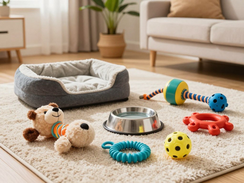 A cozy indoor scene featuring an array of must-have puppy items. In the foreground, display a colorful assortment of puppy toys, including a plush chew toy, a rubber teething ring, and a squeaky ball, all placed on a soft, textured rug. In the middle ground, add a stylish pet bed and a bowl filled with fresh water, surrounded by a few more interactive toys like a rope tug and a puzzle feeder. The background should feature a softly lit living room with a cheerful atmosphere, adorned with houseplants and a light-colored couch. Use warm, natural lighting to create a welcoming vibe, captured from a slightly elevated angle that showcases the arrangement of items beautifully. A cozy indoor scene featuring an array of must-have puppy items. In the foreground, display a colorful assortment of puppy toys, including a plush chew toy, a rubber teething ring, and a squeaky ball, all placed on a soft, textured rug. In the middle ground, add a stylish pet bed and a bowl filled with fresh water, surrounded by a few more interactive toys like a rope tug and a puzzle feeder. The background should feature a softly lit living room with a cheerful atmosphere, adorned with houseplants and a light-colored couch. Use warm, natural lighting to create a welcoming vibe, captured from a slightly elevated angle that showcases the arrangement of items beautifully.