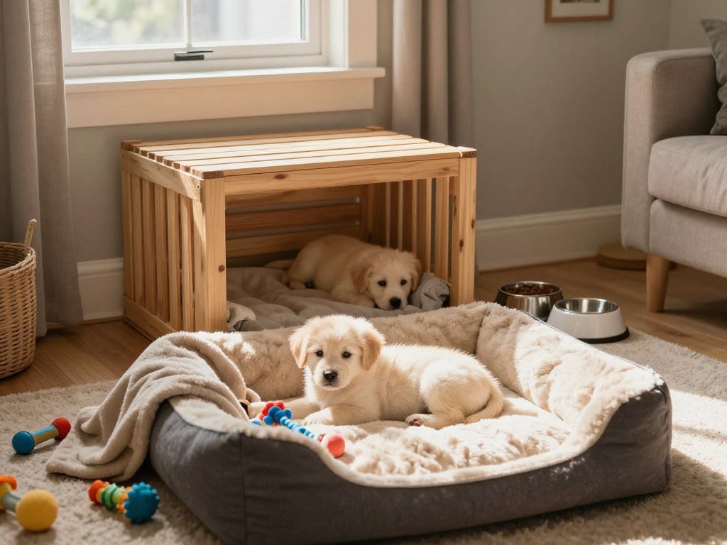 A cozy puppy corner set in a softly lit living room, foreground featuring a plush dog bed, surrounded by colorful chew toys and a soft blanket. The middle ground includes a stylish wooden crate styled as a safe space, alongside a food and water bowl set, both neatly arranged. A window in the background allows natural light to filter in, creating a warm and inviting atmosphere. Gentle shadows dance across the scene, enhancing the sense of comfort and tranquility. The overall mood is peaceful and loving, ideal for a new puppy. No humans are present, ensuring the focus is solely on the essential supplies for a puppyβs comfort and sleep arrangements. A cozy puppy corner set in a softly lit living room, foreground featuring a plush dog bed, surrounded by colorful chew toys and a soft blanket. The middle ground includes a stylish wooden crate styled as a safe space, alongside a food and water bowl set, both neatly arranged. A window in the background allows natural light to filter in, creating a warm and inviting atmosphere. Gentle shadows dance across the scene, enhancing the sense of comfort and tranquility. The overall mood is peaceful and loving, ideal for a new puppy. No humans are present, ensuring the focus is solely on the essential supplies for a puppyβs comfort and sleep arrangements.
