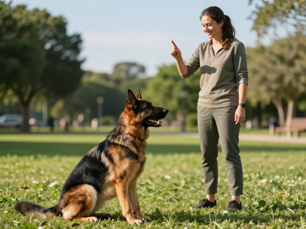 A focused scene showcasing an intelligent German Shepherd engaged in training exercises on a sunny day at a park. In the foreground, the dog is performing a sit command, its ears perked up, with an alert and attentive expression. The middle ground features a professional dog trainer wearing casual yet modest clothing, demonstrating hand signals and positive reinforcement using a treat. The background is a lush green landscape with a few trees and a soft blue sky. The lighting is warm and bright, casting natural shadows, which enhances the vibrancy of the scene. The overall atmosphere is energetic and encouraging, illustrating the bond between the trainer and the intelligent breed. A focused scene showcasing an intelligent German Shepherd engaged in training exercises on a sunny day at a park. In the foreground, the dog is performing a sit command, its ears perked up, with an alert and attentive expression. The middle ground features a professional dog trainer wearing casual yet modest clothing, demonstrating hand signals and positive reinforcement using a treat. The background is a lush green landscape with a few trees and a soft blue sky. The lighting is warm and bright, casting natural shadows, which enhances the vibrancy of the scene. The overall atmosphere is energetic and encouraging, illustrating the bond between the trainer and the intelligent breed.