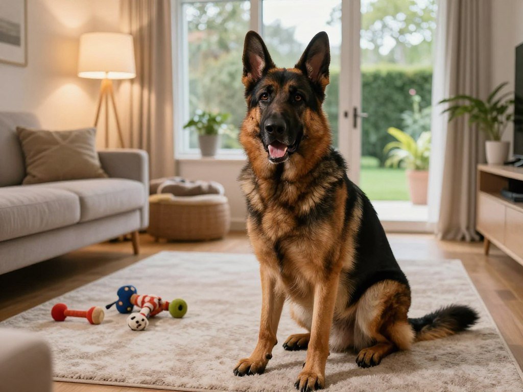 A majestic German Shepherd sits attentively in a beautifully arranged home interior, showcasing a welcoming atmosphere. In the foreground, the dogβs sleek coat glistens under soft, warm ambient lighting from a nearby floor lamp, highlighting its expressive eyes and alert posture. The middle area features a cozy living room with a plush rug, stylish furniture, and dog-friendly decor, including toys and a comfortable bed tailored for the German Shepherd. In the background, large windows let in natural light, revealing a well-maintained garden outside. The overall mood is inviting and serene, emphasizing a space designed for both comfort and training, suggesting a supportive environment for a happy, healthy pet. A majestic German Shepherd sits attentively in a beautifully arranged home interior, showcasing a welcoming atmosphere. In the foreground, the dogβs sleek coat glistens under soft, warm ambient lighting from a nearby floor lamp, highlighting its expressive eyes and alert posture. The middle area features a cozy living room with a plush rug, stylish furniture, and dog-friendly decor, including toys and a comfortable bed tailored for the German Shepherd. In the background, large windows let in natural light, revealing a well-maintained garden outside. The overall mood is inviting and serene, emphasizing a space designed for both comfort and training, suggesting a supportive environment for a happy, healthy pet.