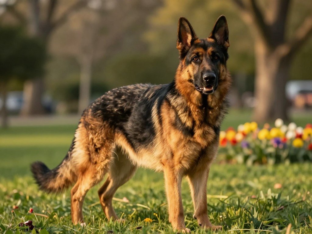 A majestic German Shepherd, standing proudly in a serene park setting, embodies loyalty and companionship. The dog is in the foreground, its fur glistening in the warm, golden sunlight, showcasing the rich black and tan coloration. In the middle ground, soft green grass and colorful flowers complement the dogβs stature, while a gentle breeze creates a sense of movement. In the background, blurred trees provide a serene and peaceful atmosphere. The scene captures the essence of a strong bond between the dog and its handler, evoking feelings of trust and companionship. The image is lit with a warm, soft light, enhancing the dogβs expressive eyes and noble demeanor. A low-angle perspective accentuates the dogβs stature, creating an inspiring and heartwarming mood. A majestic German Shepherd, standing proudly in a serene park setting, embodies loyalty and companionship. The dog is in the foreground, its fur glistening in the warm, golden sunlight, showcasing the rich black and tan coloration. In the middle ground, soft green grass and colorful flowers complement the dogβs stature, while a gentle breeze creates a sense of movement. In the background, blurred trees provide a serene and peaceful atmosphere. The scene captures the essence of a strong bond between the dog and its handler, evoking feelings of trust and companionship. The image is lit with a warm, soft light, enhancing the dogβs expressive eyes and noble demeanor. A low-angle perspective accentuates the dogβs stature, creating an inspiring and heartwarming mood.
