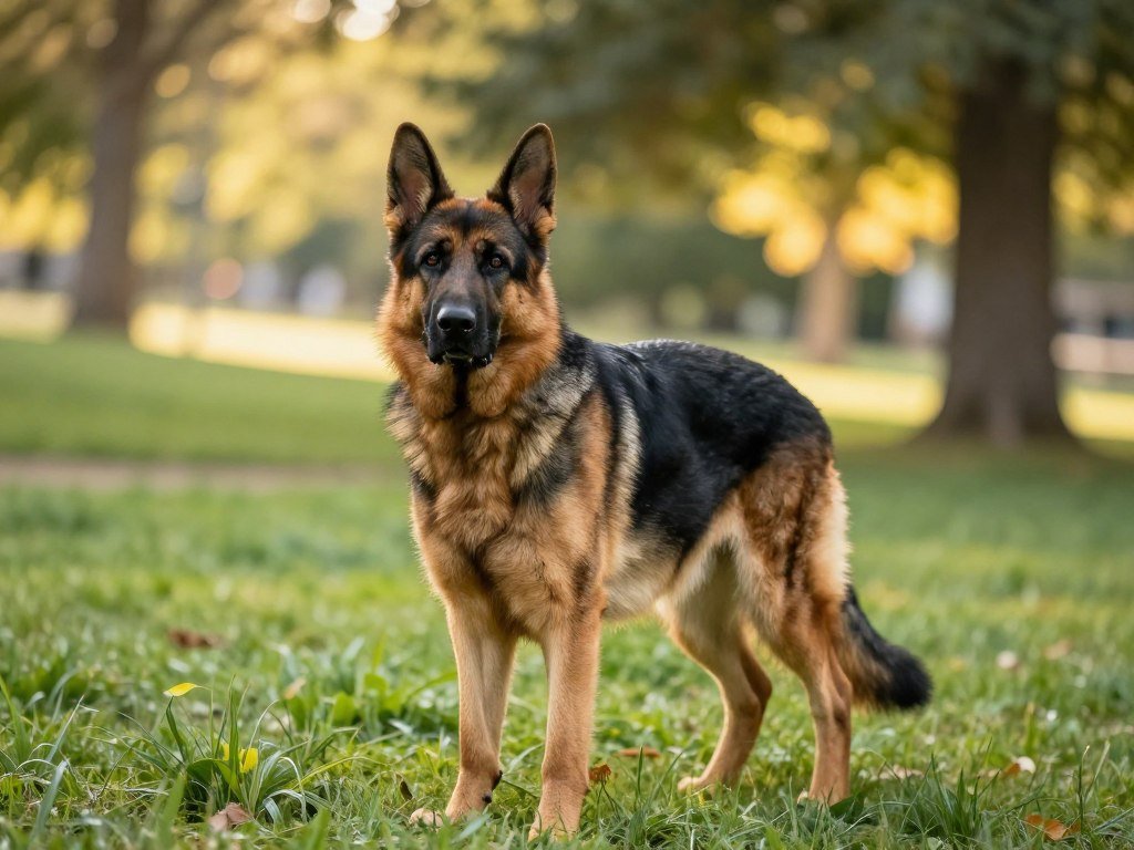 A majestic German Shepherd stands confidently in a serene park setting, showcasing its impressive fur and alert expression. In the foreground, the dog's strong posture and attentive gaze highlight its intelligence and loyalty. In the middle of the scene, a gentle slope covered in lush green grass invites viewers to appreciate the dog's keen awareness of its surroundings. In the background, soft, dappled sunlight filters through the leaves of tall trees, casting warm, golden hues across the landscape, creating a tranquil atmosphere. This image captures the essence of navigating behavioral challenges in training, emphasizing the bond between the dog and its environment. The composition should be shot with a shallow depth of field to evoke focus on the German Shepherd while softly blurring the background, enhancing the peaceful mood. A majestic German Shepherd stands confidently in a serene park setting, showcasing its impressive fur and alert expression. In the foreground, the dog's strong posture and attentive gaze highlight its intelligence and loyalty. In the middle of the scene, a gentle slope covered in lush green grass invites viewers to appreciate the dog's keen awareness of its surroundings. In the background, soft, dappled sunlight filters through the leaves of tall trees, casting warm, golden hues across the landscape, creating a tranquil atmosphere. This image captures the essence of navigating behavioral challenges in training, emphasizing the bond between the dog and its environment. The composition should be shot with a shallow depth of field to evoke focus on the German Shepherd while softly blurring the background, enhancing the peaceful mood.