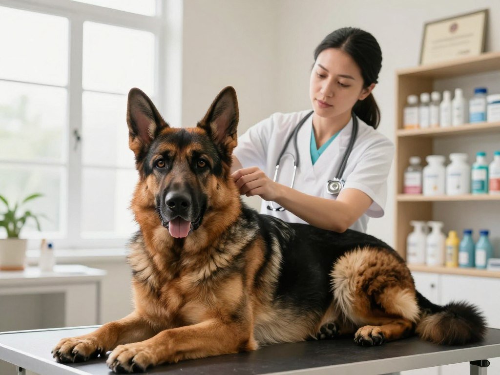 A professional veterinarian examines a healthy German Shepherd in a bright, well-lit veterinary clinic. The foreground features the dog lying comfortably on an examination table, with a focus on its shiny coat and attentive eyes. In the middle ground, the veterinarian, dressed in white scrubs, is gently examining the dog's ears while displaying a caring demeanor. In the background, shelves filled with pet care products and diplomas can be seen, enhancing the clinic's atmosphere. Soft natural light filters through large windows, creating a warm, inviting environment. The mood conveys reassurance and professionalism, emphasizing the importance of health care and preventive measures for German Shepherds, with an emphasis on the bond between the dog and its caregiver. A professional veterinarian examines a healthy German Shepherd in a bright, well-lit veterinary clinic. The foreground features the dog lying comfortably on an examination table, with a focus on its shiny coat and attentive eyes. In the middle ground, the veterinarian, dressed in white scrubs, is gently examining the dog's ears while displaying a caring demeanor. In the background, shelves filled with pet care products and diplomas can be seen, enhancing the clinic's atmosphere. Soft natural light filters through large windows, creating a warm, inviting environment. The mood conveys reassurance and professionalism, emphasizing the importance of health care and preventive measures for German Shepherds, with an emphasis on the bond between the dog and its caregiver.