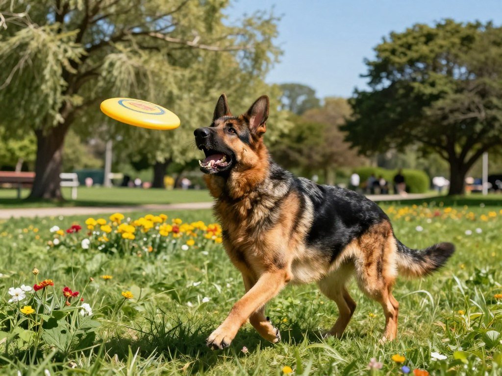 A vibrant scene showcasing a German Shepherd engaged in an energetic exercise session in a sunny park. In the foreground, the dog is mid-action, playfully catching a frisbee, its athletic physique and expressive face highlighting its energy and enthusiasm. The middle ground features a lush grassy area dotted with colorful flowers, indicating a lively environment suitable for play and exercise. In the background, tall trees sway gently in the breeze, with a clear blue sky overhead ensuring bright, natural lighting that casts soft shadows. The perspective is taken from a slight low angle, emphasizing the dog's dynamic movement and creating a sense of excitement and vitality. The overall mood is joyful and energetic, reflecting the playful spirit of a high-energy canine. A vibrant scene showcasing a German Shepherd engaged in an energetic exercise session in a sunny park. In the foreground, the dog is mid-action, playfully catching a frisbee, its athletic physique and expressive face highlighting its energy and enthusiasm. The middle ground features a lush grassy area dotted with colorful flowers, indicating a lively environment suitable for play and exercise. In the background, tall trees sway gently in the breeze, with a clear blue sky overhead ensuring bright, natural lighting that casts soft shadows. The perspective is taken from a slight low angle, emphasizing the dog's dynamic movement and creating a sense of excitement and vitality. The overall mood is joyful and energetic, reflecting the playful spirit of a high-energy canine.