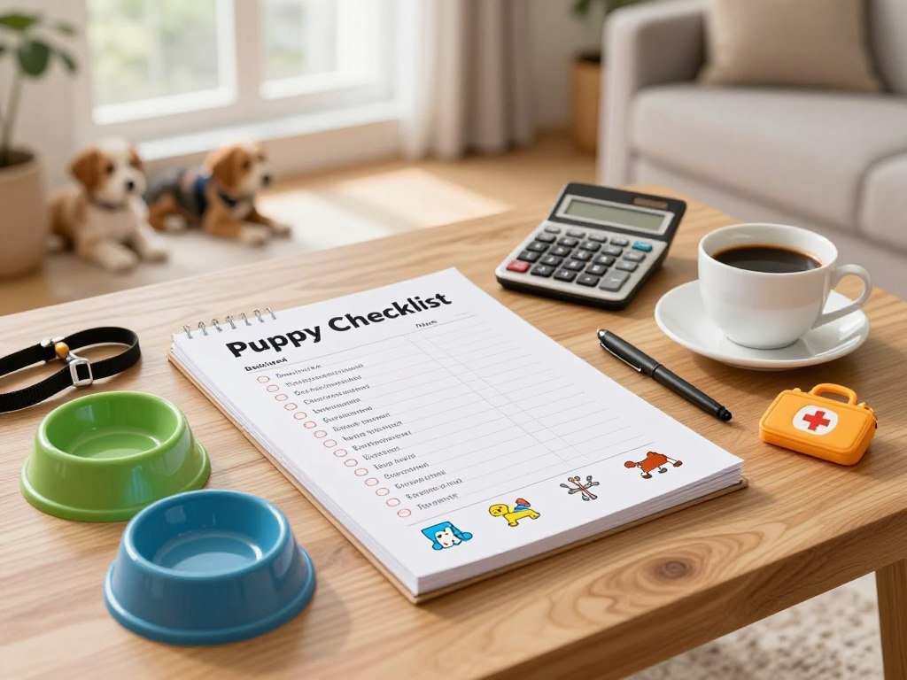 A well-organized puppy checklist displayed on a clean, wooden table. In the foreground, colorful icons represent essential puppy items like food bowls, leashes, toys, and a first aid kit. In the middle ground, a budget notebook with neatly written budgeting notes sits alongside a calculator and a cup of coffee, symbolizing financial planning. In the background, soft focus of a bright, cozy living room with puppy toys scattered around, creating an inviting atmosphere. Natural light streams in from the window, illuminating the checklist, which is artistically arranged with a warm, inviting color palette. The overall mood is friendly and encouraging, perfect for new pet owners preparing for their puppy. A well-organized puppy checklist displayed on a clean, wooden table. In the foreground, colorful icons represent essential puppy items like food bowls, leashes, toys, and a first aid kit. In the middle ground, a budget notebook with neatly written budgeting notes sits alongside a calculator and a cup of coffee, symbolizing financial planning. In the background, soft focus of a bright, cozy living room with puppy toys scattered around, creating an inviting atmosphere. Natural light streams in from the window, illuminating the checklist, which is artistically arranged with a warm, inviting color palette. The overall mood is friendly and encouraging, perfect for new pet owners preparing for their puppy.